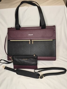 Classy Black & Burgundy Laptop Tote with Removable Pouch